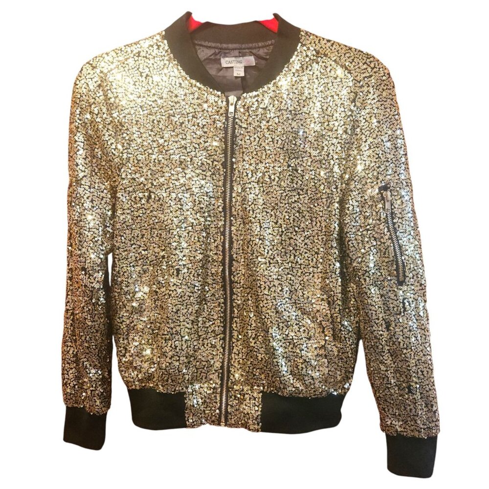 Vintage CASTING L.A. Gold & Black Sequin Bomber Jacket Front Zip Women's Medium
